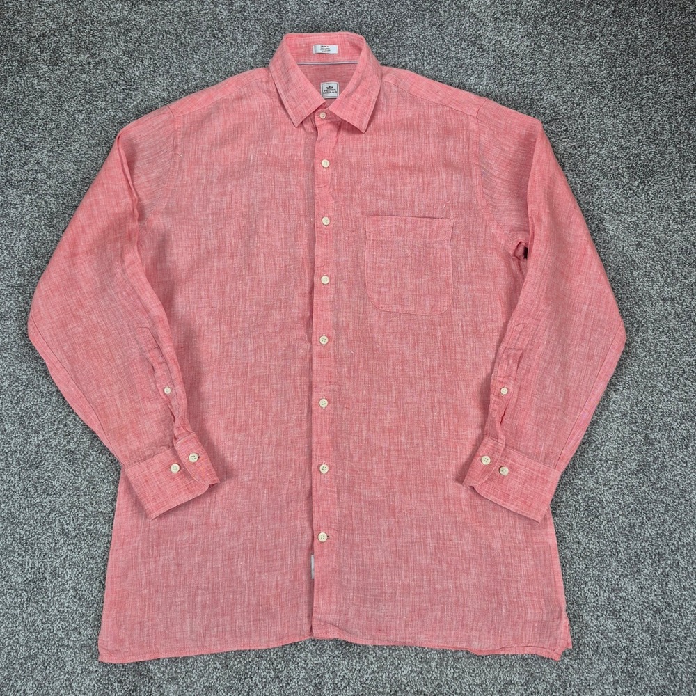 Peter Millar 100% Linen Shirt Mens Medium Coral Pink Long Sleeve Button Up